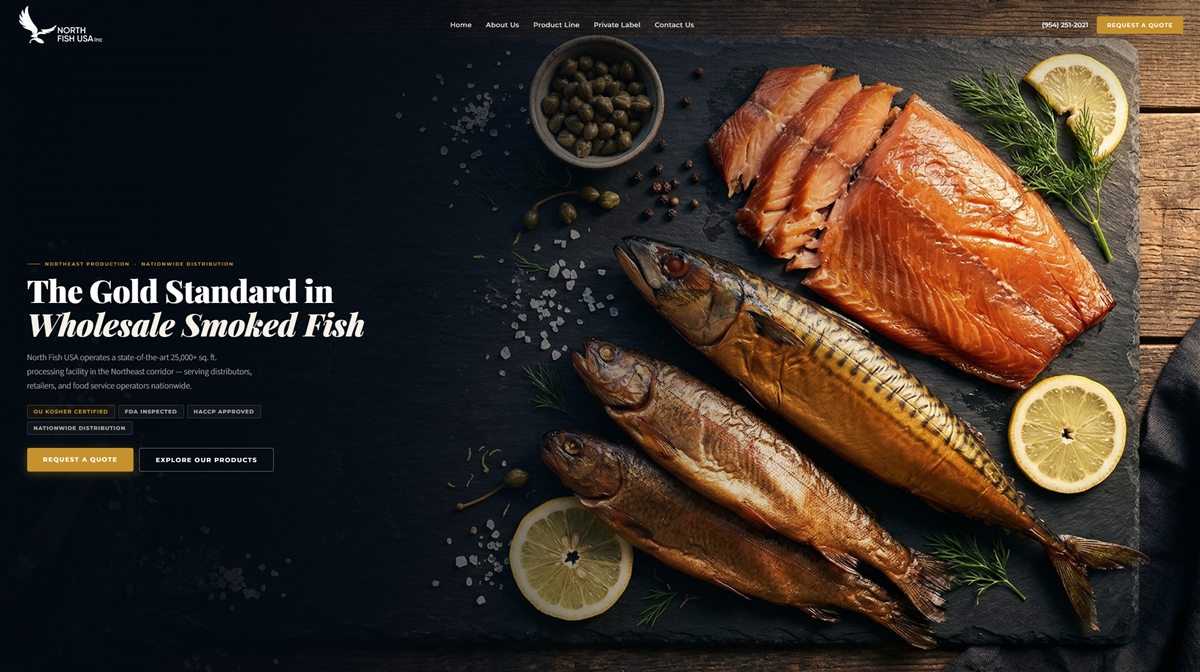 North Fish USA homepage with smoked fish product photography and quote button